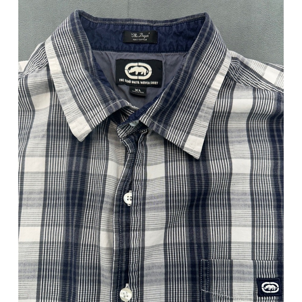 Ecko Unltd Mens XL The Dwyer Plaid Short Sleeve Button Up Shirt Navy Blue Cotton